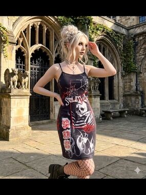 Black Graphic Slip Dress with Red Accents - Womens Dress